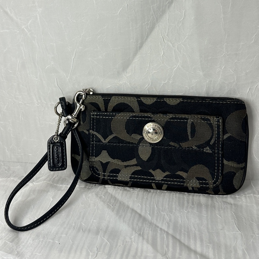 Coach Black, Gray, and Tan Wristlet with Silver Hardware